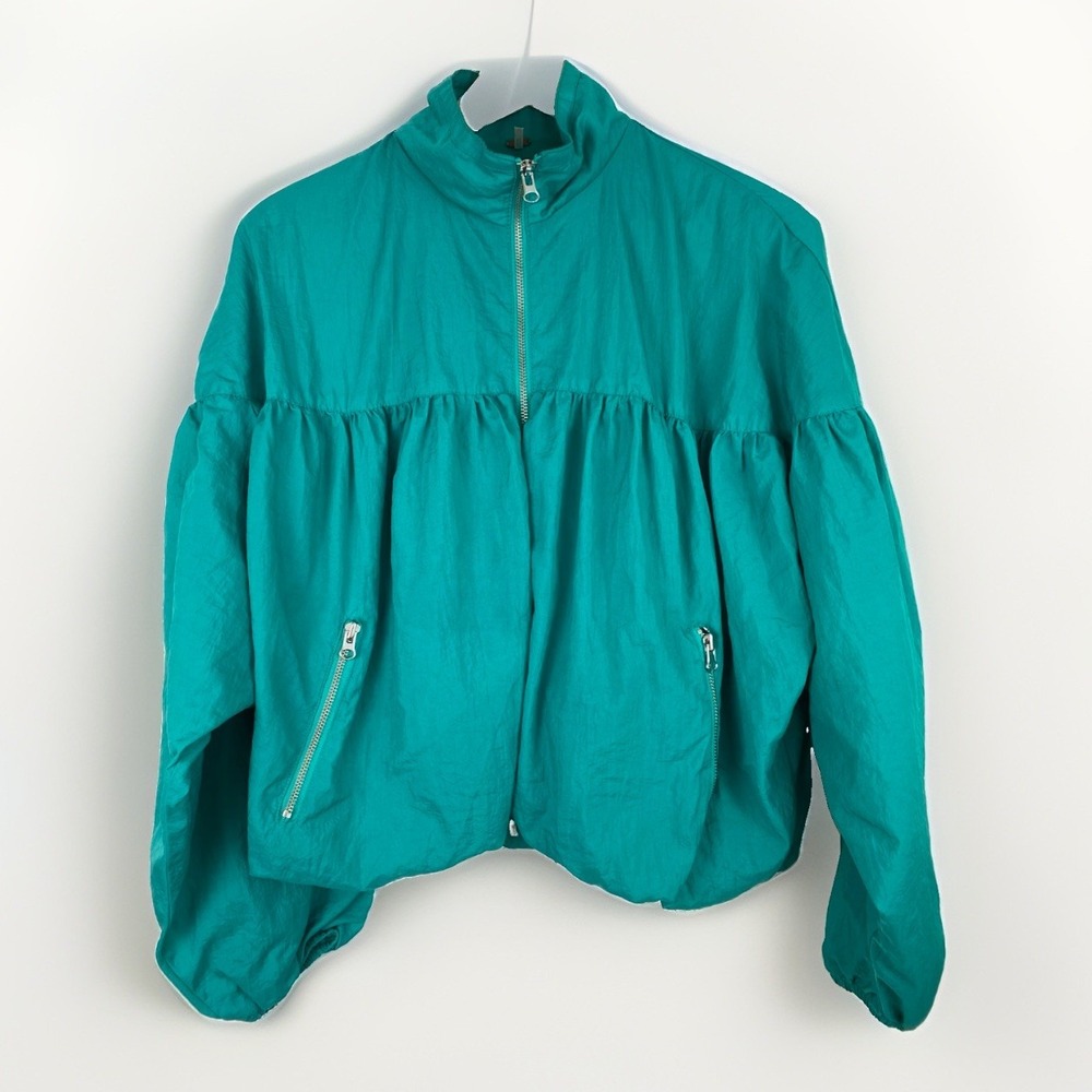 Free People Women's S Green Full Zip Nylon Lined Slouchy Crop Parachute Jacket